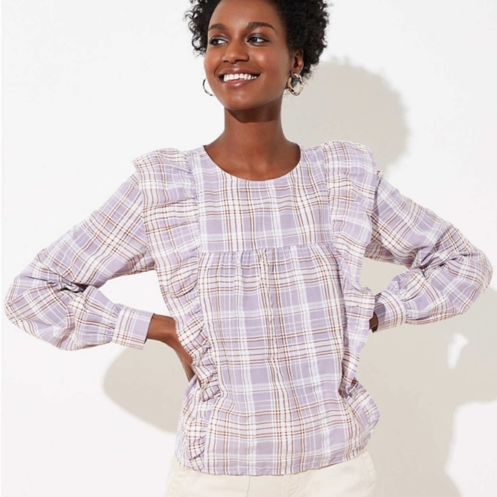 LOFT ruffled long sleeve plaid blouse